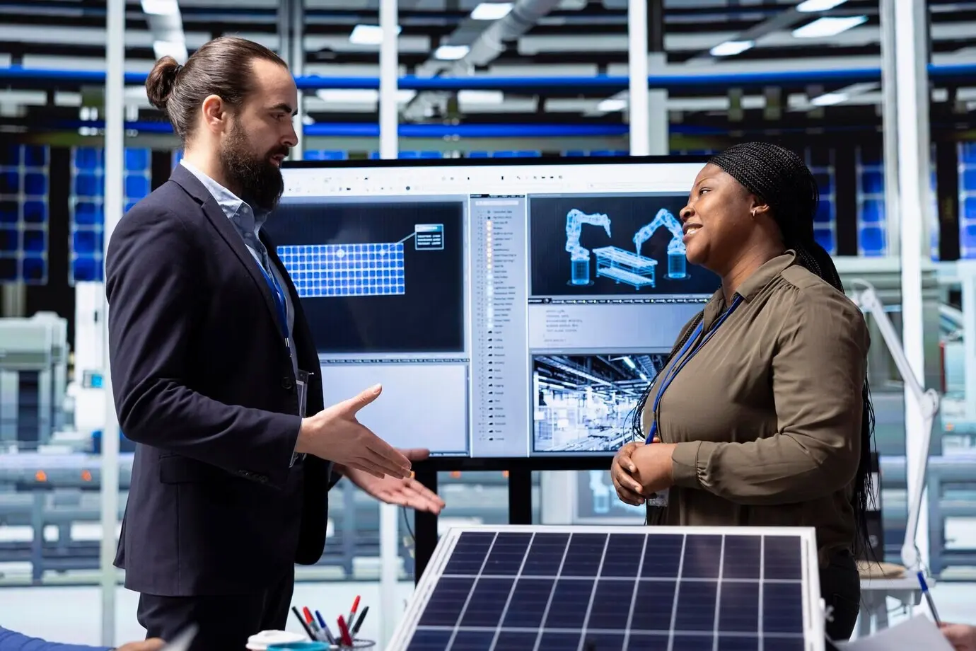 Manager einer Photovoltaikfabrik trifft sich mit einem Anteilseigner, um sich zu besprechen.