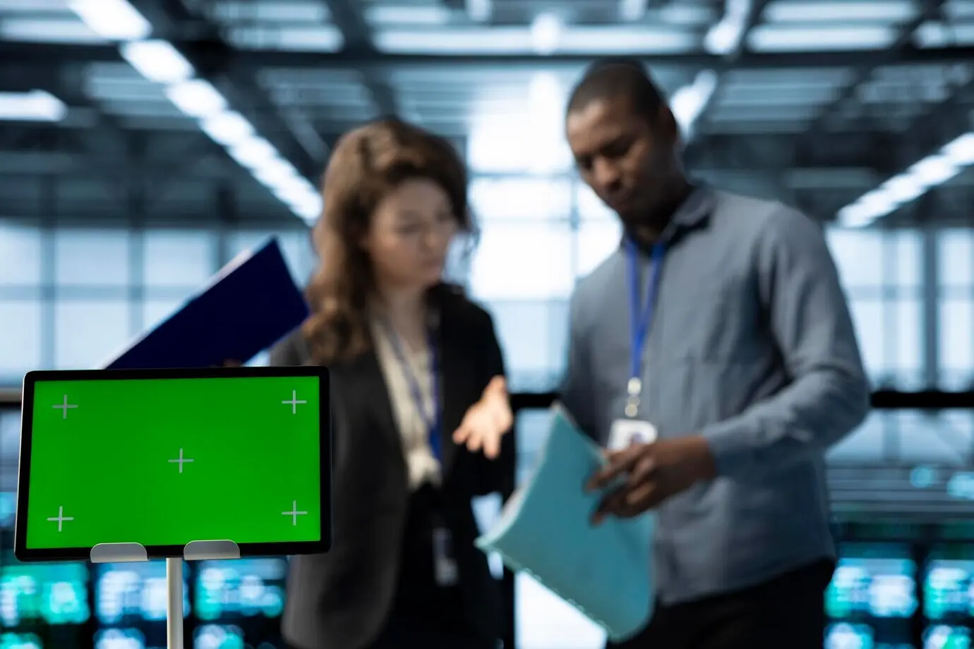 Großaufnahme eines Tablets mit grünem Display vor Mitarbeitenden, die einen Serverraum überwachen.