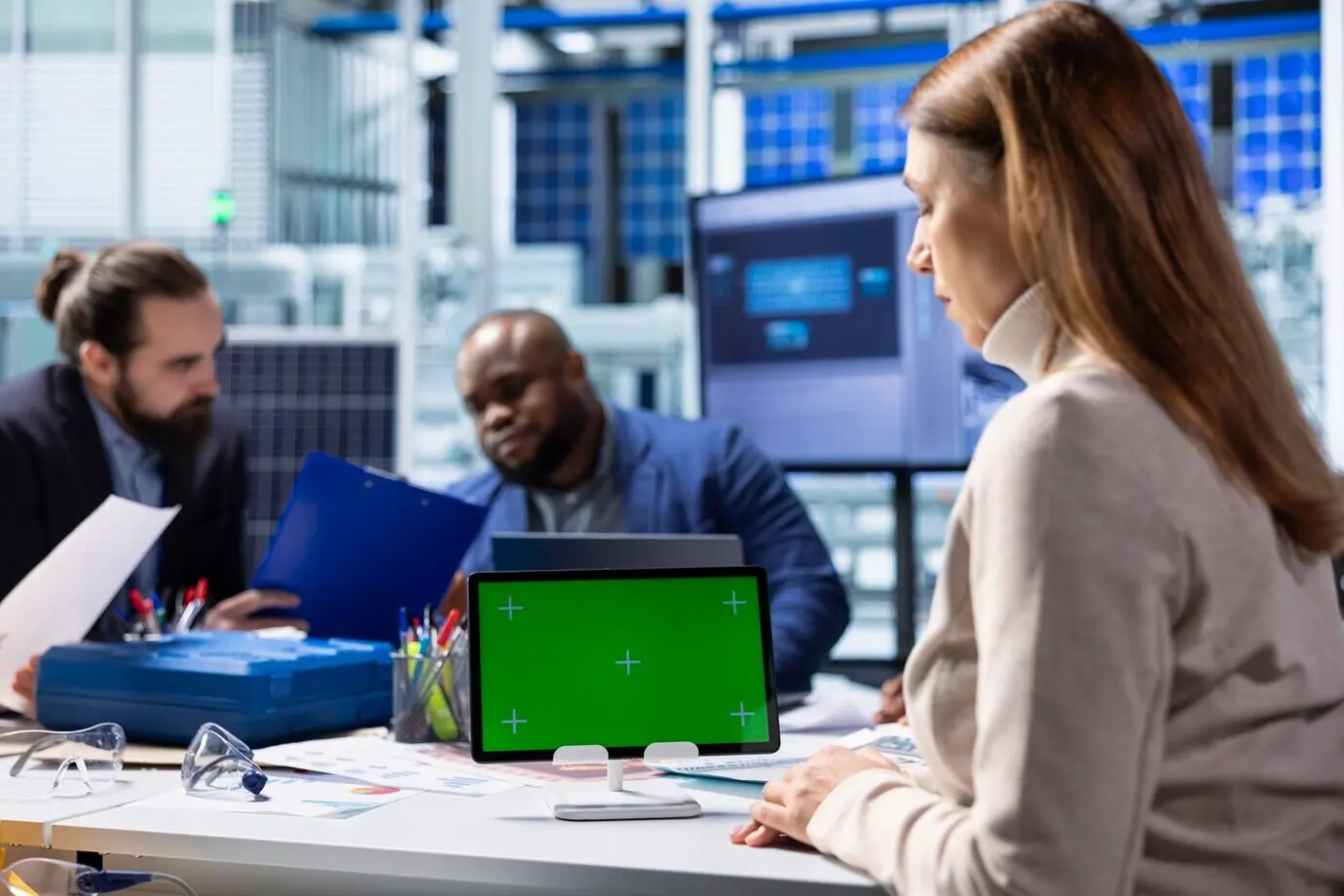Spezialist für Solarpaneel-Anlagen verwendet ein Chroma-Key-Tablet, um Energiesysteme zu studieren.